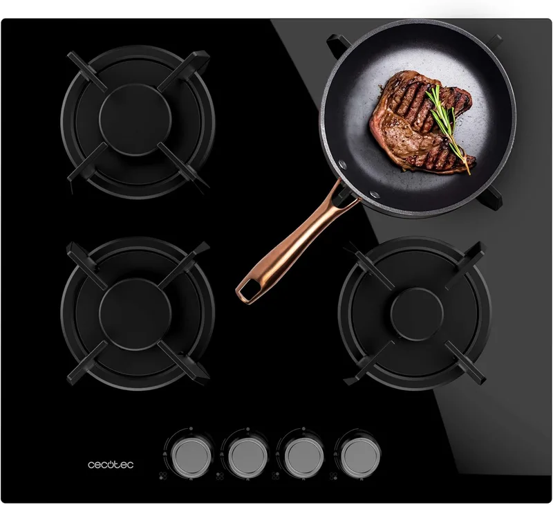 Cecotec ▫️ Placa de Gás de 4 queimadores Bolero Squad GN 4200S Glass Black. 8 kW, preparada para gás natural, vidro preto, grelhas individuais em ferro fundido, queimador para wok, válvulas de segurança