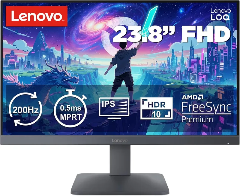 Lenovo ▫️ LOQ 24-10 - Monitor de jogos FHD de 23,8" (IPS, taxa de atualização de 200 Hz, 0,5 ms MPRT, 16:9, HDMI 2.1 + DP 1.4, AMD FreeSync Premium, VESA Adaptive Sync, suporte inclinável) - Cinza Lua