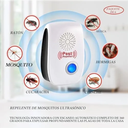 YRHWS ▫️ Repelente ultrassónico de pragas, conjunto de 6 repelentes eletrónicos de mosquitos para controlo de pragas, repelente ultrassónico de mosquitos para interiores, moscas, ratos, baratas, aranhas e roedores 3