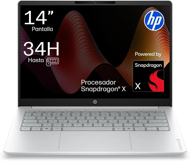 HP ▫️ OmniBook 3 14-hz0000nsx - Portátil de 14” WUXGA (1920x1200) IPS antirreflexo, Snapdragon X AI PC, 16 GB de RAM, SSD de 512 GB, Windows 11, teclado QWERTY espanhol, prateado, sem carregador incluído