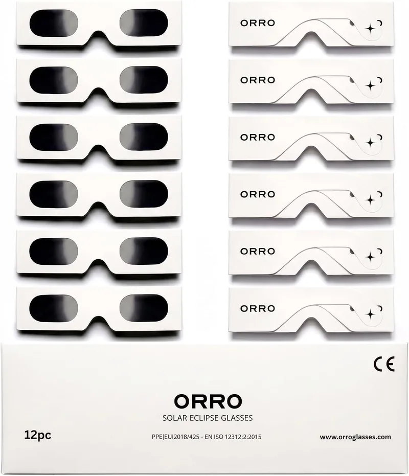 ORRO ▫️ Óculos para eclipse solar de 45 mm, embalagem de 2/6/12, adaptam-se a óculos graduados, proteção ocular certificada, testados de acordo com a norma EN ISO 12312-2:2015, marcação CE - Ajuste Edge