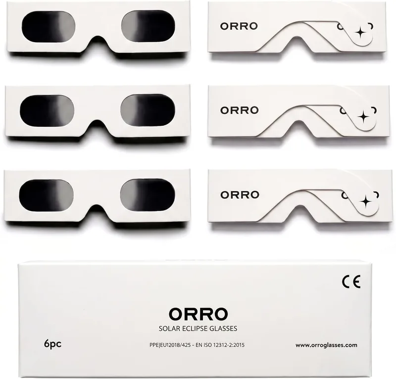 ORRO ▫️ Óculos para eclipse solar de 45 mm, embalagem de 2/6/12, adaptam-se a óculos graduados, proteção ocular certificada, testados de acordo com a norma EN ISO 12312-2:2015, marcação CE - Ajuste Edge