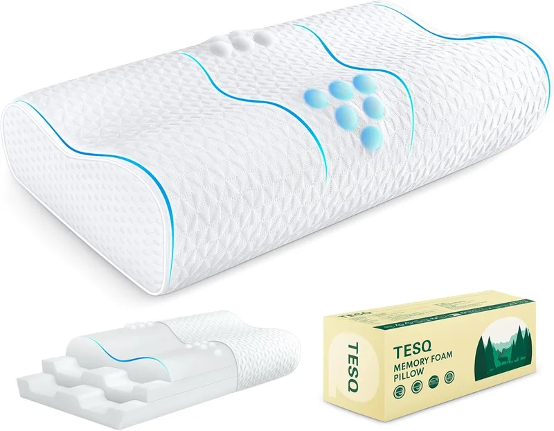 TESQ ▫️ Almofada de pescoço ergonómica : almofada de espuma viscoelástica com altura ajustável, concebida para se adaptar às curvas naturais e promover a dissipação do calor.