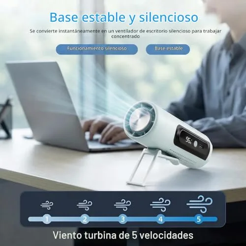 LUCYLANKER ▫️ Mini-ventilador portátil 3 em 1 com placa de refrigeração, 5 velocidades, ecrã LED, USB tipo C, clipe, suporte e lanterna para viagens, escritório, campismo, praia e uso diário (azul) 5