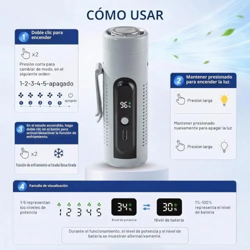 LUCYLANKER ▫️ Mini-ventilador portátil 3 em 1 com placa de refrigeração, 5 velocidades, ecrã LED, USB tipo C, clipe, suporte e lanterna para viagens, escritório, campismo, praia e uso diário (azul) 6