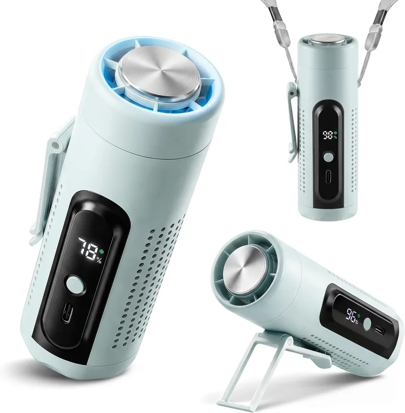 LUCYLANKER ▫️ Mini-ventilador portátil 3 em 1 com placa de refrigeração, 5 velocidades, ecrã LED, USB tipo C, clipe, suporte e lanterna para viagens, escritório, campismo, praia e uso diário (azul)