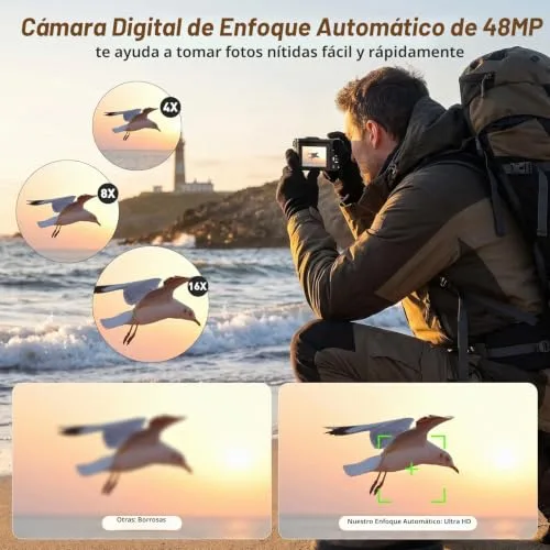 AMIPOW ▫️ Câmara fotográfica de 48 MP, câmara digital compacta 4K com zoom de 16x, ecrã LCD de 2,8", câmara compacta e portátil com cartão de 32 GB para crianças, principiantes e adultos (preto) 4