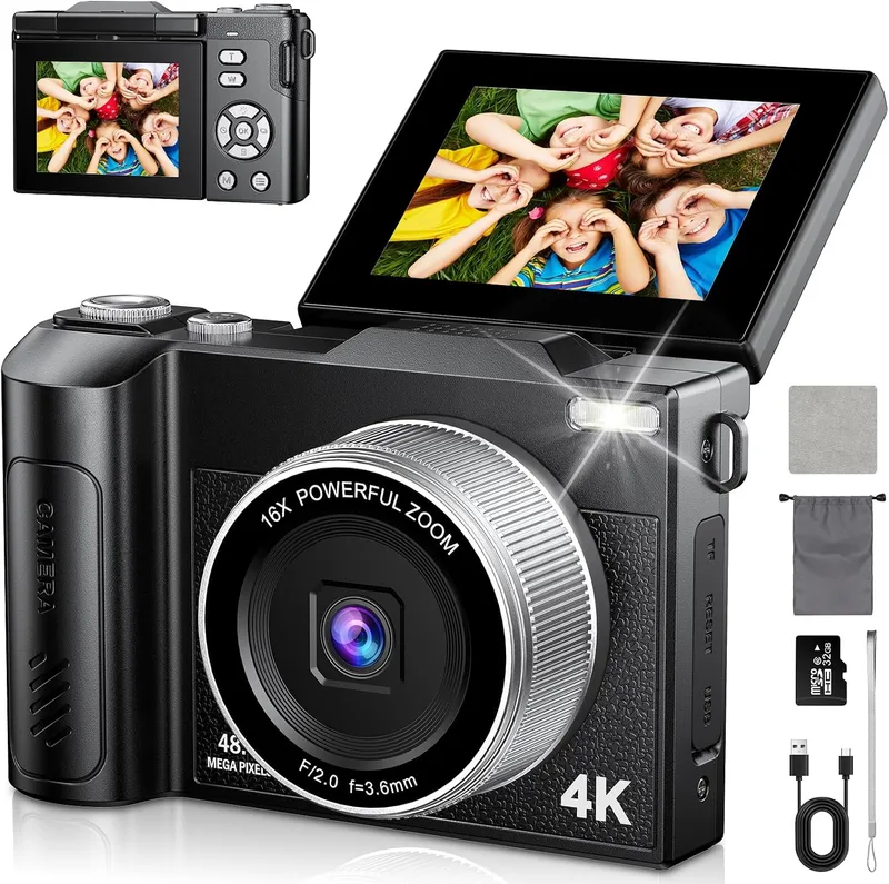 AMIPOW ▫️ Câmara fotográfica de 48 MP, câmara digital compacta 4K com zoom de 16x, ecrã LCD de 2,8", câmara compacta e portátil com cartão de 32 GB para crianças, principiantes e adultos (preto)