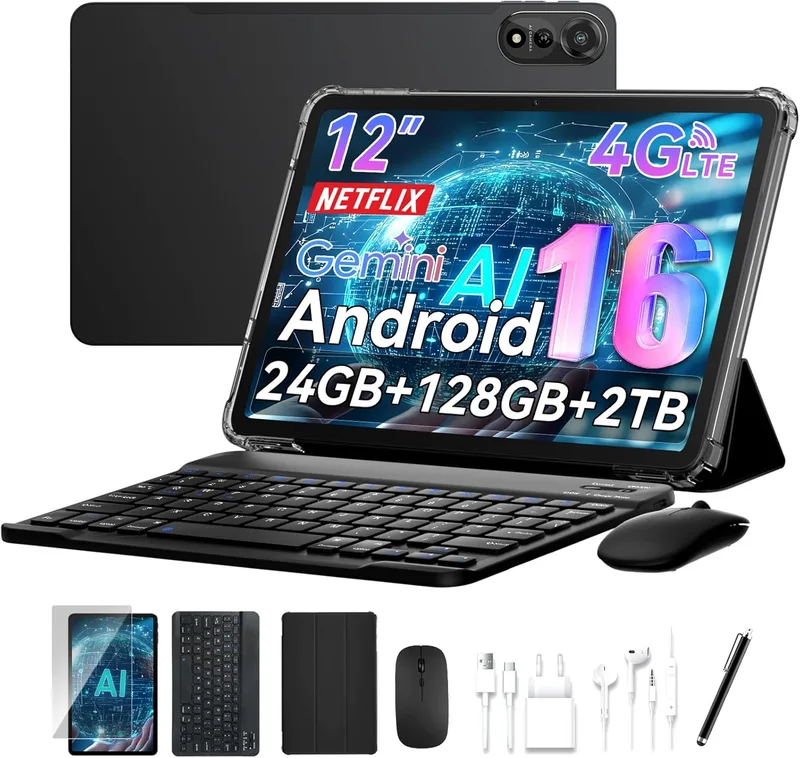 Nexall ▫️ Tablet de 12 polegadas com teclado, Tablet Android 16, 4G LTE+5G WiFi 120Hz 24GB RAM+128GB ROM, Tablets Octa-Core com Stylus, Rato, 9000mAh/Gemini AI/WideVine L1/GPS/1200*2000/Face ID, 4 anos de garantia
