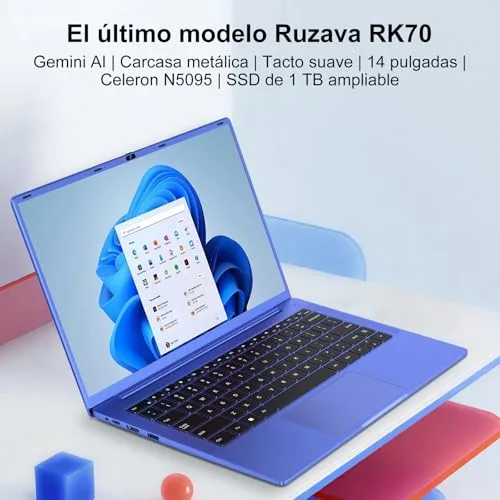 Ruzava ▫️ Portátil de 14 polegadas com Celeron N5095 até 2,9 GHz, 8 GB de RAM, SSD de 256 GB, TF de 1 TB, Windows 11, LPDDR4, 1920*1080 FHD, Wi-Fi 5G, USB 3.0, película protetora, espanhol - roxo, corpo metálico-1 2
