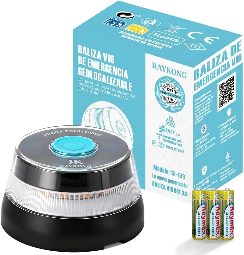 RAYKONG ▫️ Baliza V16 Geolocalização DGT | Luz de emergência para automóvel homologada e conectada à DGT 3.0 | Cartão SIM e dados pré-pagos até dezembro de 2038 | 1 unidade