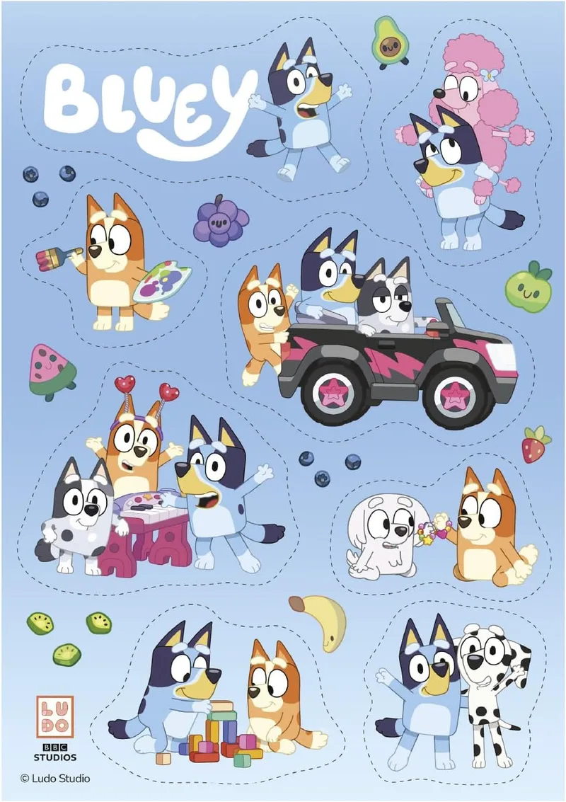 dekora ▫️ Decoração para bolos Bluey em papel comestível, folha A5 recortável com 8 desenhos, decoração de aniversário Bluey e Bingo para bolos, sem glúten, sem lactose, adequado para vegetarianos