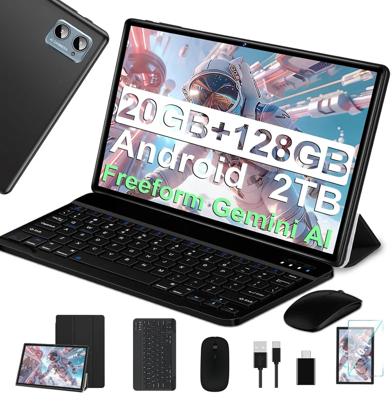 SUAAT ▫️ Tablet Android 2026 de 10,1 polegadas, octa-core, com 20 GB de RAM + 128 GB de ROM + 2 TB | 5G, Wi-Fi | FHD | GMS | Bluetooth 5.0 | 8 MP + 5 MP | Tipo C, tablet tátil, capa, teclado e rato - Preto
