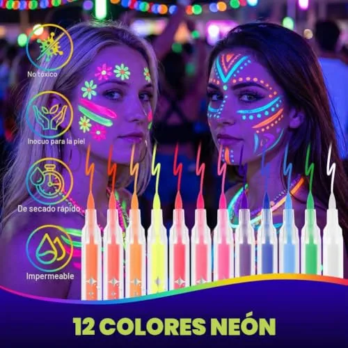 AYBUY ▫️ Pintura facial infantil, 12 cores fluorescentes UV, pintura facial hipoalergénica para crianças, pintura facial neon brilhante UV, marcadores corporais para a pele com ponta individual para o Halloween e o Carnaval 2