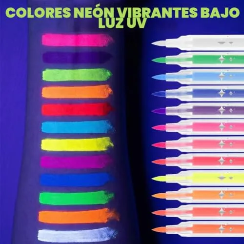 AYBUY ▫️ Pintura facial infantil, 12 cores fluorescentes UV, pintura facial hipoalergénica para crianças, pintura facial neon brilhante UV, marcadores corporais para a pele com ponta individual para o Halloween e o Carnaval 3