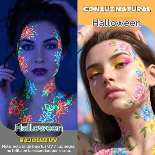 AYBUY ▫️ Pintura facial infantil, 12 cores fluorescentes UV, pintura facial hipoalergénica para crianças, pintura facial neon brilhante UV, marcadores corporais para a pele com ponta individual para o Halloween e o Carnaval 4