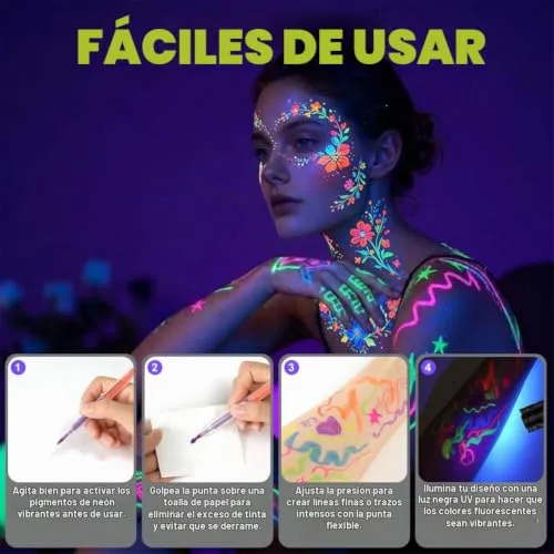 AYBUY ▫️ Pintura facial infantil, 12 cores fluorescentes UV, pintura facial hipoalergénica para crianças, pintura facial neon brilhante UV, marcadores corporais para a pele com ponta individual para o Halloween e o Carnaval 5