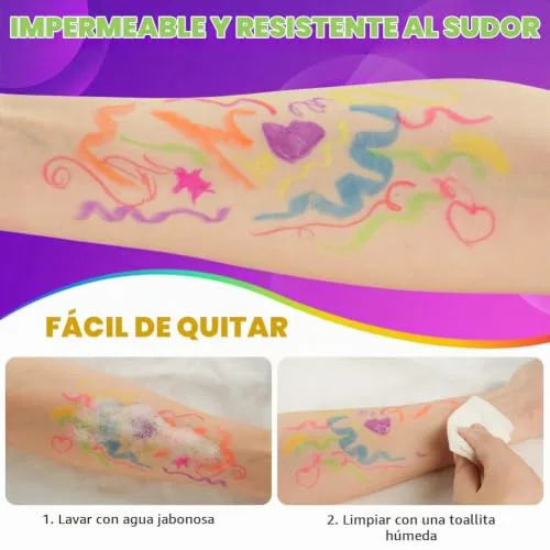 AYBUY ▫️ Pintura facial infantil, 12 cores fluorescentes UV, pintura facial hipoalergénica para crianças, pintura facial neon brilhante UV, marcadores corporais para a pele com ponta individual para o Halloween e o Carnaval 6