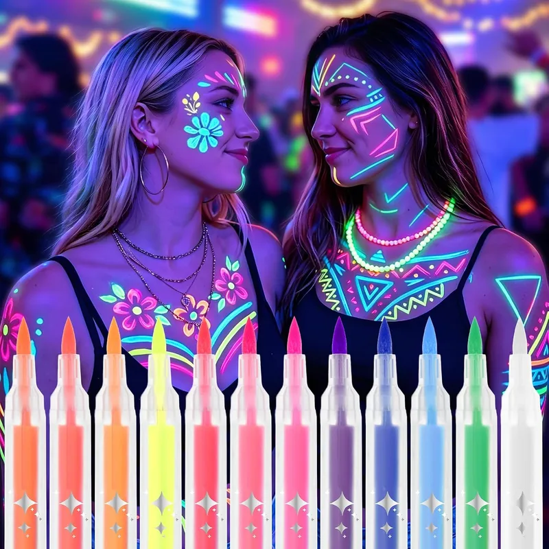 AYBUY ▫️ Pintura facial infantil, 12 cores fluorescentes UV, pintura facial hipoalergénica para crianças, pintura facial neon brilhante UV, marcadores corporais para a pele com ponta individual para o Halloween e o Carnaval