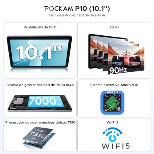Easerush ▫️ Tablet P10 de 10 polegadas, Tablets Android 16 com Gemini AI, 48 GB de RAM + 128 GB de ROM, 7000 mAh, Unisoc T310 Quad-Core, 90 Hz, Face ID e 2 altifalantes - Tablet com teclado, caneta, capa, rato e auscultadores - Cinza 2