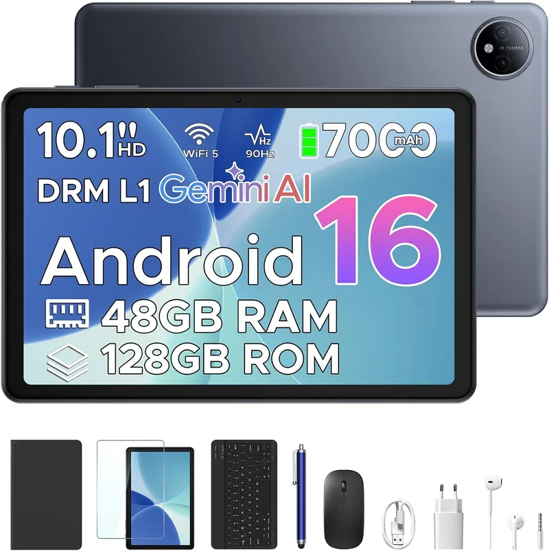 Easerush ▫️ Tablet P10 de 10 polegadas, Tablets Android 16 com Gemini AI, 48 GB de RAM + 128 GB de ROM, 7000 mAh, Unisoc T310 Quad-Core, 90 Hz, Face ID e 2 altifalantes - Tablet com teclado, caneta, capa, rato e auscultadores - Cinza