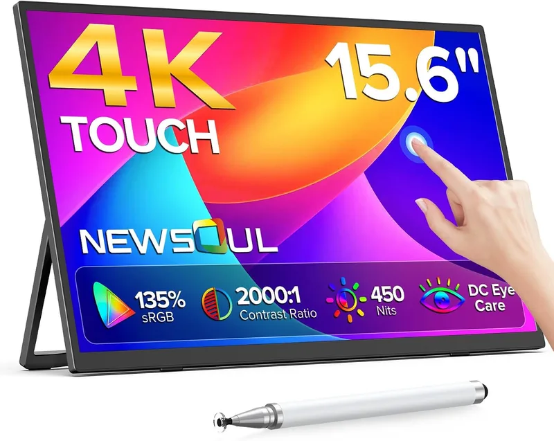 Newsoul ▫️ Monitor portátil tátil 4K, ecrã IPS de 15,6" com USB-C e agulha