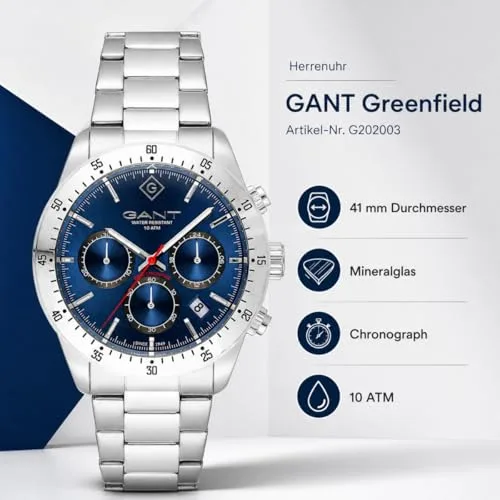 GANT ▫️ Greenfield G202003 - Relógio cronógrafo para homem, aço inoxidável, mostrador azul, quartzo, 10 ATM 3