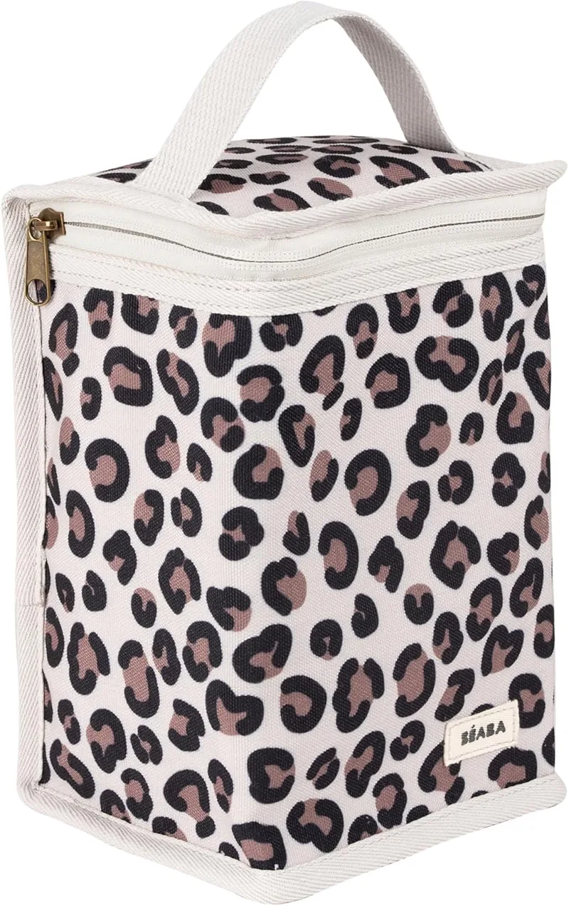 Béaba ▫️ Saco térmico para comida de bebé, Compartimento para biberões de grande formato, Grande capacidade, Permite transportar refeições completas, Material flexível, Dobrável, Tecido impermeável, Leopard Clay