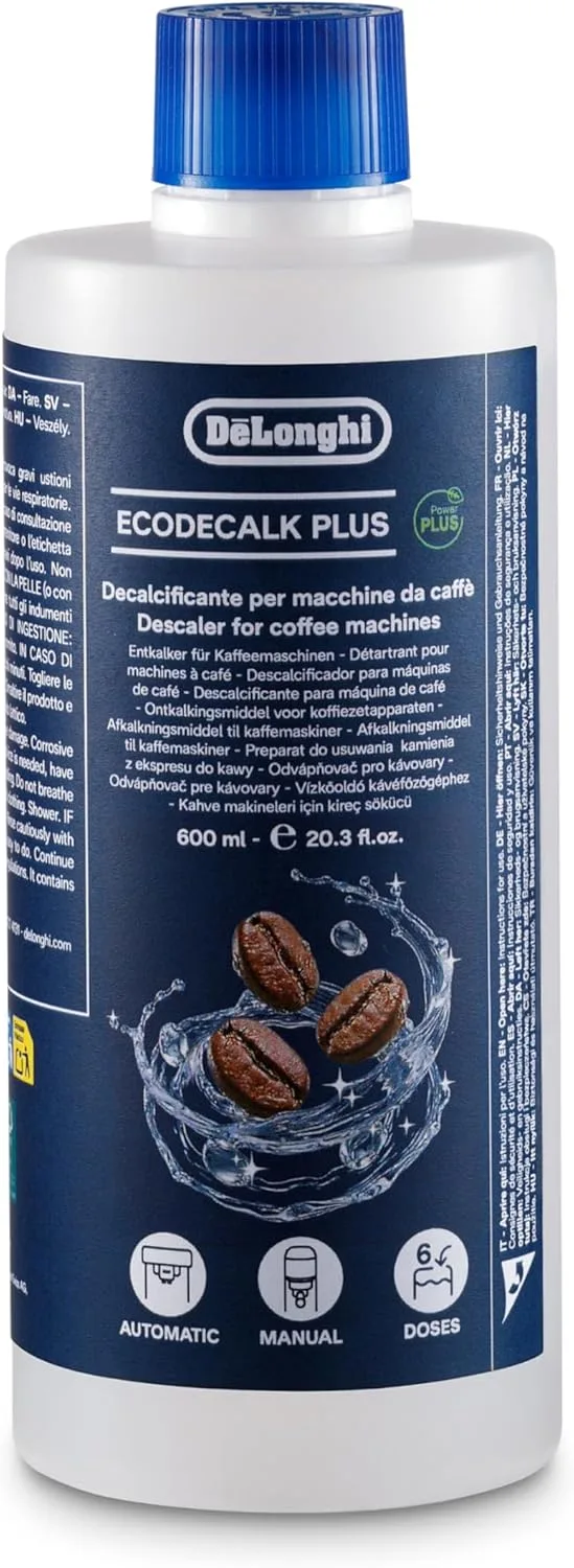 De'Longhi ▫️ EcoDecalk Plus Descalcificante para Máquinas de Café, 6 Doses de Descalcificação, Descalcificante para Máquinas de Café, Fórmula com Ingredientes de Origem Vegetal, Frasco de 600 ml (DLSC506)