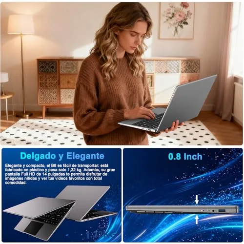 bvate ▫️ Portátil de 14" Windows 11, 8 GB, SSD de 256 GB, compatível com SSD de 1 TB, portátil com expansão, Wi-Fi 2,4G+5G, Bluetooth 4.2, USB, HDMI, 1920x1080 FHD, com rato sem fios e teclado de membrana em espanhol - cinzento 7