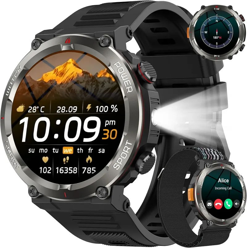 Baolubao ▫️ Relógio inteligente para homem, smartwatch para homem com lanterna, bússola e 2 braceletes