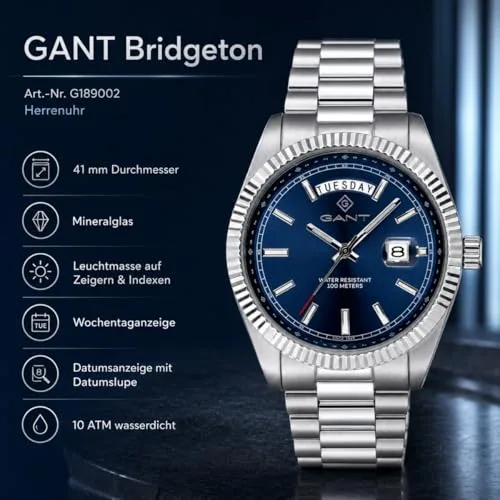 GANT ▫️ Relógio Fairfax G189002 para homem, aço inoxidável, mostrador azul, mecanismo de quartzo japonês, 41 mm, vidro mineral, data, dia da semana, 10 ATM 3