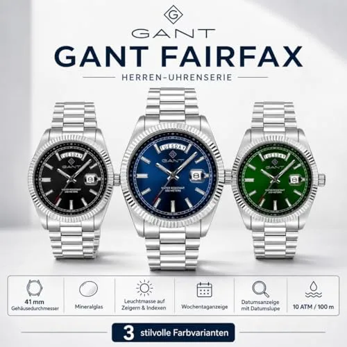 GANT ▫️ Relógio Fairfax G189002 para homem, aço inoxidável, mostrador azul, mecanismo de quartzo japonês, 41 mm, vidro mineral, data, dia da semana, 10 ATM 5