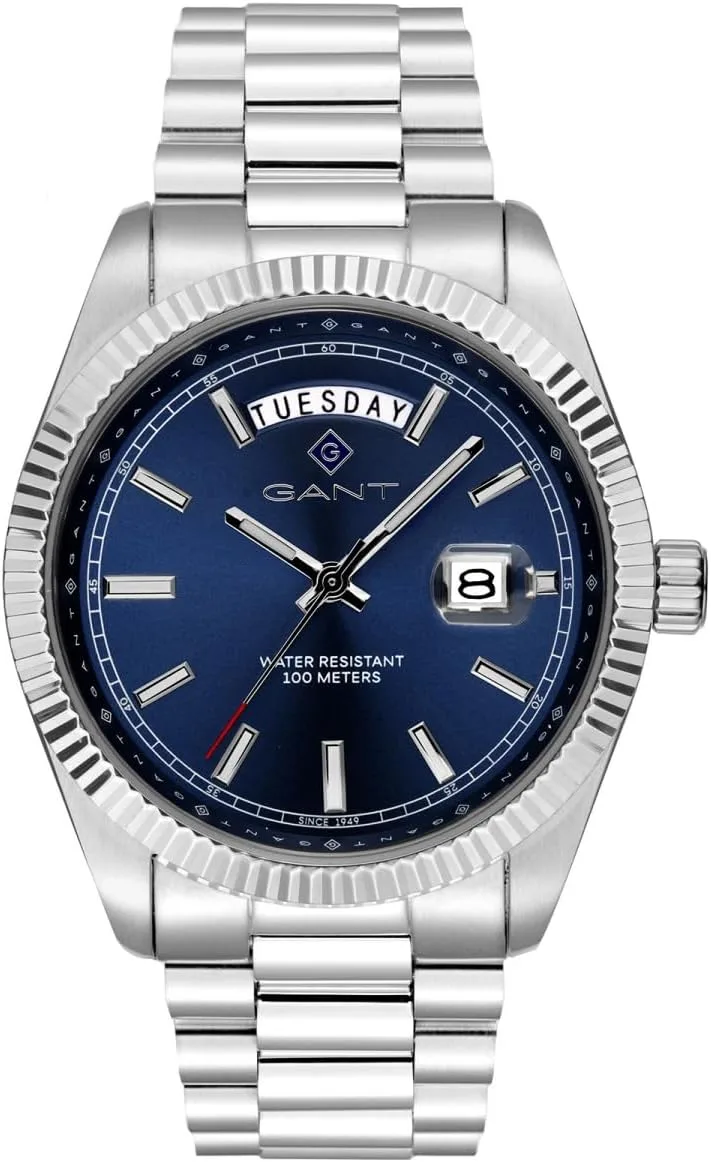 GANT ▫️ Relógio Fairfax G189002 para homem, aço inoxidável, mostrador azul, mecanismo de quartzo japonês, 41 mm, vidro mineral, data, dia da semana, 10 ATM
