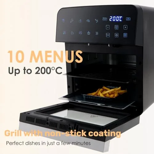 M mimotec ▫️ Fritadeira de ar quente Vera Touch 10 L, fritadeira sem óleo, 1800 W, 10 menus digitais, ecrã tátil, função grelhador, temporizador regulável, 2 níveis, temperatura 80-200 °C, cozinha saudável 5