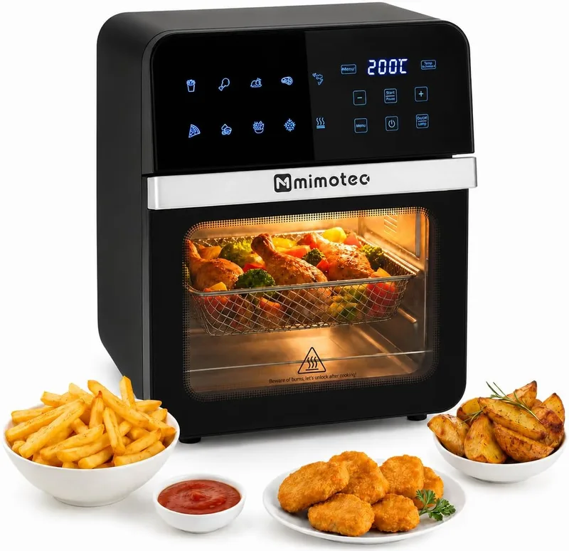 M mimotec ▫️ Fritadeira de ar quente Vera Touch 10 L, fritadeira sem óleo, 1800 W, 10 menus digitais, ecrã tátil, função grelhador, temporizador regulável, 2 níveis, temperatura 80-200 °C, cozinha saudável