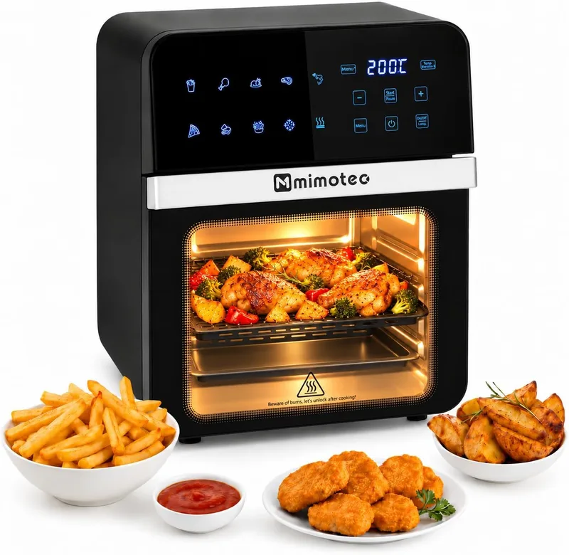 M mimotec ▫️ Fritadeira de ar quente Vera Touch 10 L, fritadeira sem óleo, 1800 W, 10 menus digitais, ecrã tátil, função grelhador, temporizador regulável, 2 níveis, temperatura 80-200 °C, cozinha saudável