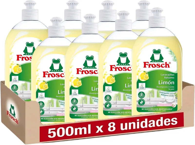 FROSCH ▫️ Detergente líquido para lavar louça à mão, bálsamo ecológico com aroma a limão, desengordura e protege a pele, testado dermatologicamente com pH neutro, limpeza e higiene eficazes - Embalagem de 8 x 500 ml
