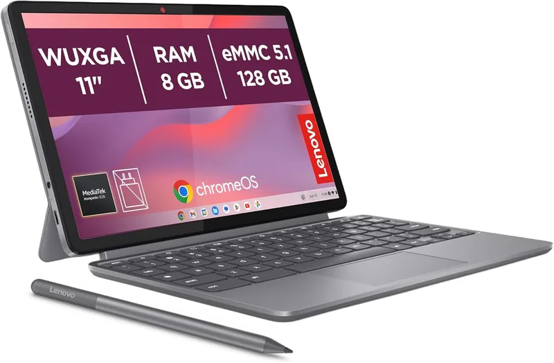 Lenovo ▫️ Chromebook Duet 9.ª geração - 11" WUXGA tátil + caneta incluída (MediaTek Kompanio 838, 8 GB de RAM, 128 GB eMMC, ChromeOS) Cinzento QWERTY + 3 meses de Google AI Pro com Gemini Pro e 5 TB