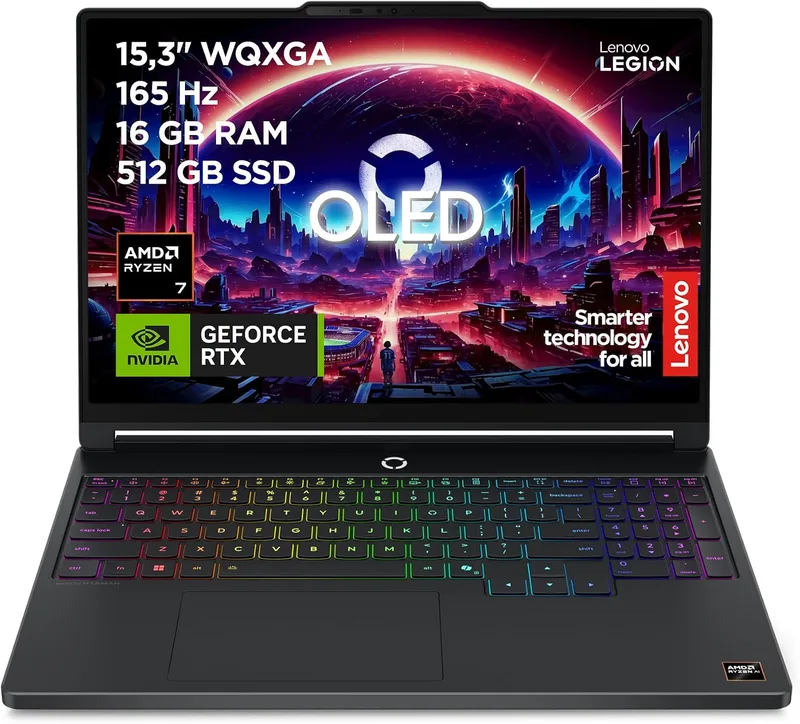 Lenovo ▫️ Legion 5 11.ª geração - Portátil para jogos com IA, ecrã OLED de 15,3" (AMD Ryzen 7 250, NVIDIA GeForce RTX 5050, 165 Hz, 16 GB de RAM, SSD de 512 GB, Wi-Fi 7, sem sistema operativo) Teclado QWERTY com retroiluminação RGB, espanhol-preto