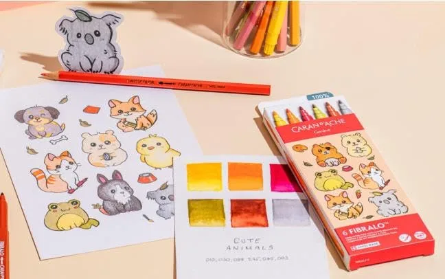 Caran d'Ache ▫️ Fibralo Kawaii 0185.803 - Conjunto de 6 marcadores coloridos, laváveis, para crianças, lápis de desenho escolares, criativos 2