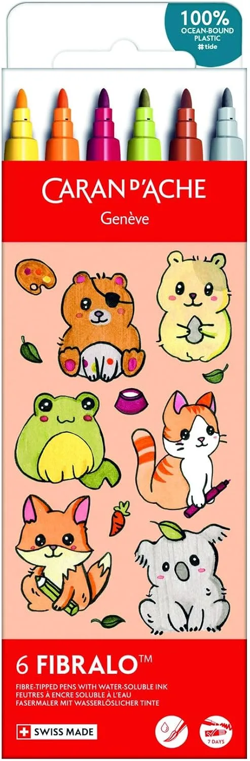 Caran d'Ache ▫️ Fibralo Kawaii 0185.803 - Conjunto de 6 marcadores coloridos, laváveis, para crianças, lápis de desenho escolares, criativos