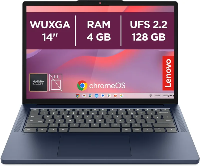 Lenovo ▫️ Chromebook Gen 11 - Portátil de 14" WUXGA (MediaTek Kompanio 540, 8 GB de RAM, 128 GB UFS 2.2, ChromeOS) Teclado QWERTY espanhol, azul + 3 meses de Google AI Pro com Gemini Pro e 5 TB