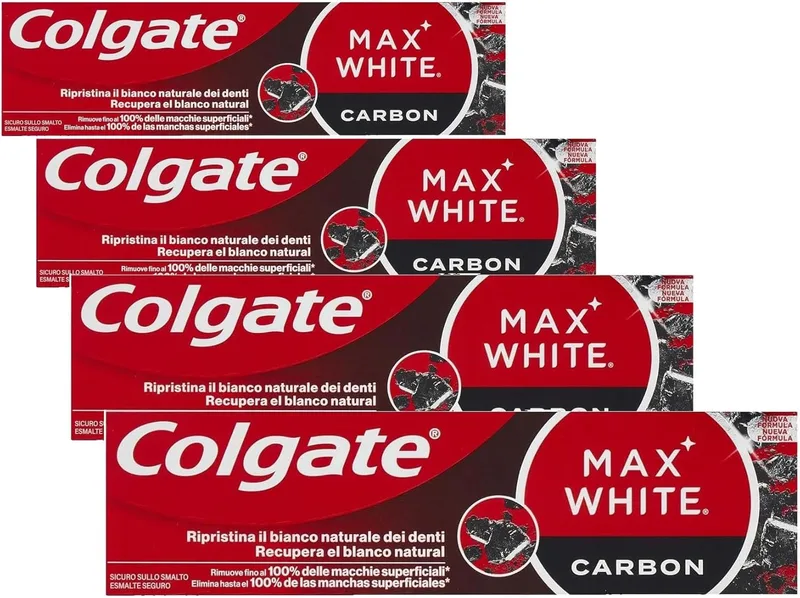 COLGATE ▫️ Pasta de dentes Max White com carvão ativado, 75 ml - Pasta de dentes branqueadora - Elimina até 100% das manchas superficiais - Carvão ativado e micropartículas minerais (embalagem de 4)