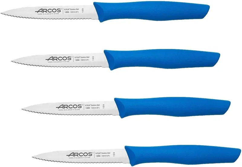 Arcos ▫️ Série Nova - Faca para descascar - Lâmina dentada em aço inoxidável de 100 mm - Cabo em polipropileno azul (Embalagem de 4)