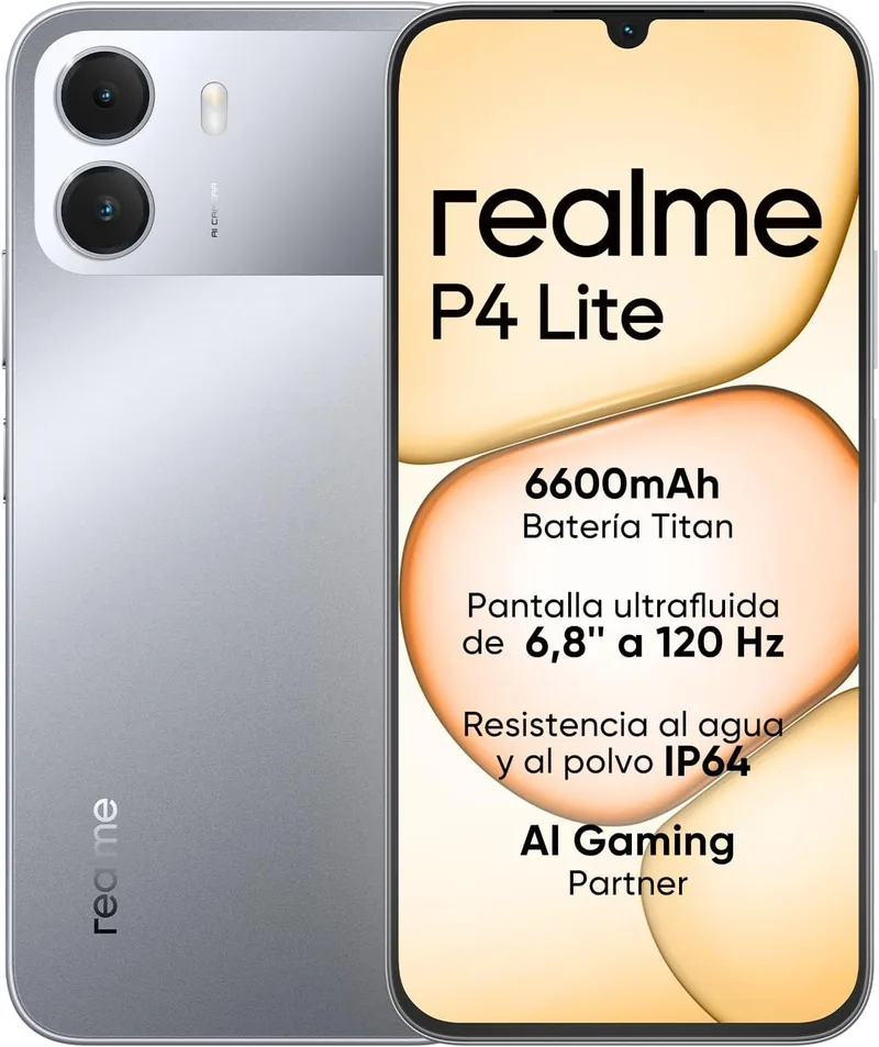 realme ▫️ Smartphone P4 Lite 4G, 4 GB + 128 GB, Ecrã LCD HD de 120 Hz e 6,8", bateria Titan de 6600 mAh, carregamento de 15 W, carregamento reverso de 6 W, classificação IP64 à prova de poeira e água, sistema Next IA, cinzento Titan (sem carregador)