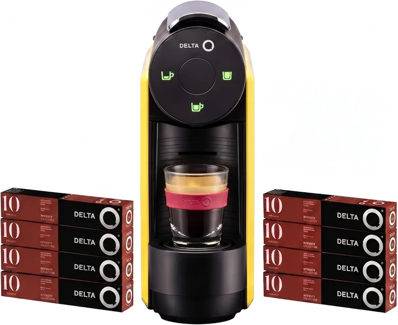 Delta Q ▫️ Conjunto de máquina de café com cápsulas - Mini Qool Amarela - Para cafés, chá e bebidas quentes - Simples e prática - Design elegante - Inclui 8 blisters de 10 cápsulas de Qalidus (total de 80 cápsulas)