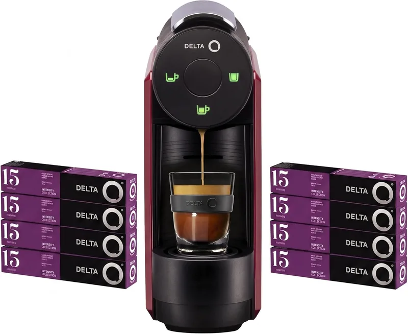 Delta Q ▫️ Conjunto de máquina de café com cápsulas - Mini Qool Vermelha - Para cafés, chá e bebidas quentes - Simples e prática - Design elegante - Inclui 8 blisters de 10 cápsulas MythiQ (total de 80 cápsulas)