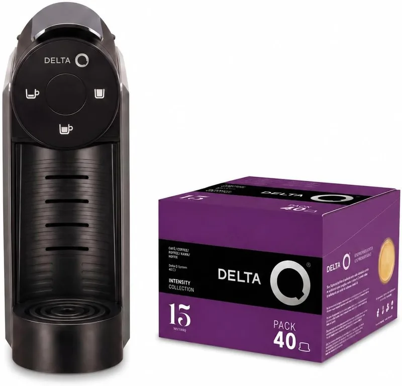 Delta Q ▫️ Conjunto de máquina de café com cápsulas - Mini Qool Cinza - Para café, chá e bebidas quentes - Simples e prática - Design elegante - Inclui embalagem XL Mythiq com 40 cápsulas