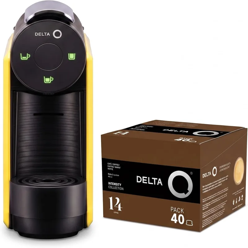 Delta Q ▫️ Conjunto de máquina de café com cápsulas - Mini Qool Amarela - Para café, chá e bebidas quentes - Simples e prática - Design elegante - Inclui embalagem XL Epiq com 40 cápsulas